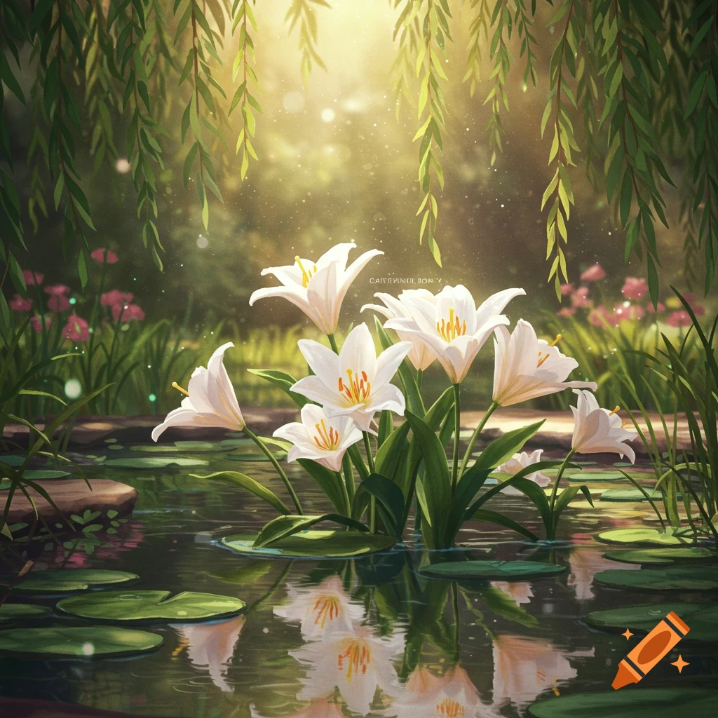 White lilies blooming in a sunlit pond with water reflections, surrounded by weeping willow branches. Digital art.