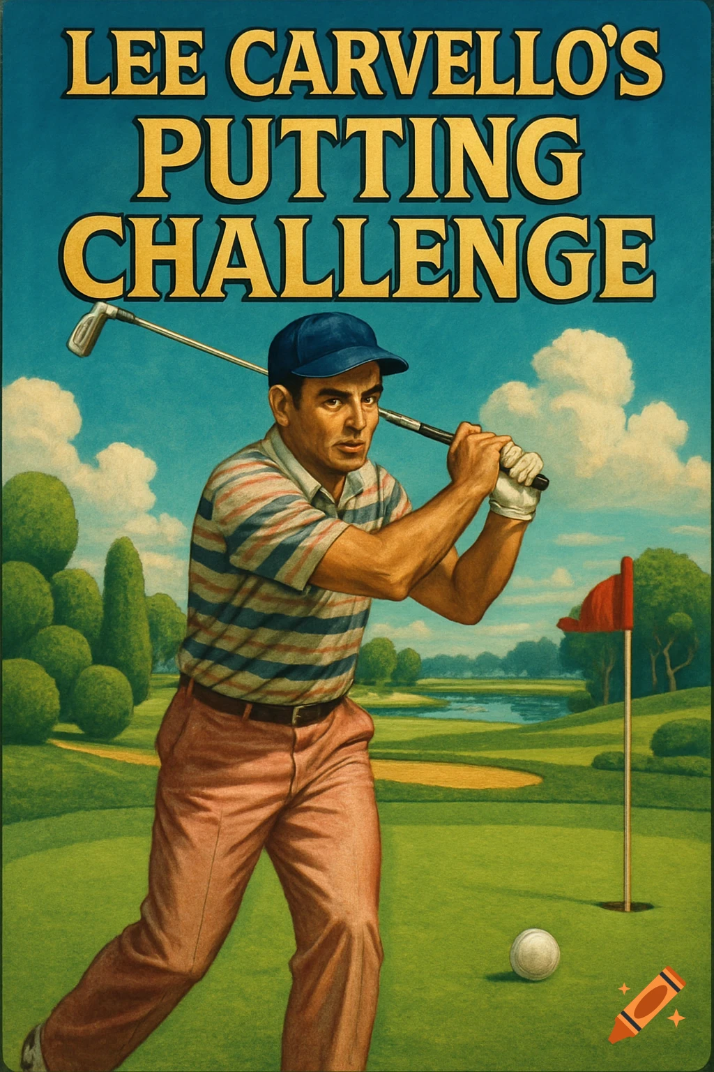 A retro video game cover for 'LEE CARVELLO'S PUTTING CHALLENGE', showing a man in a blue cap swinging a golf club on a green course.