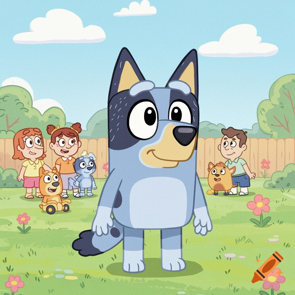 Bluey, two children, and other cartoon dogs play in a sunny, grassy backyard with a wooden fence and flowers.