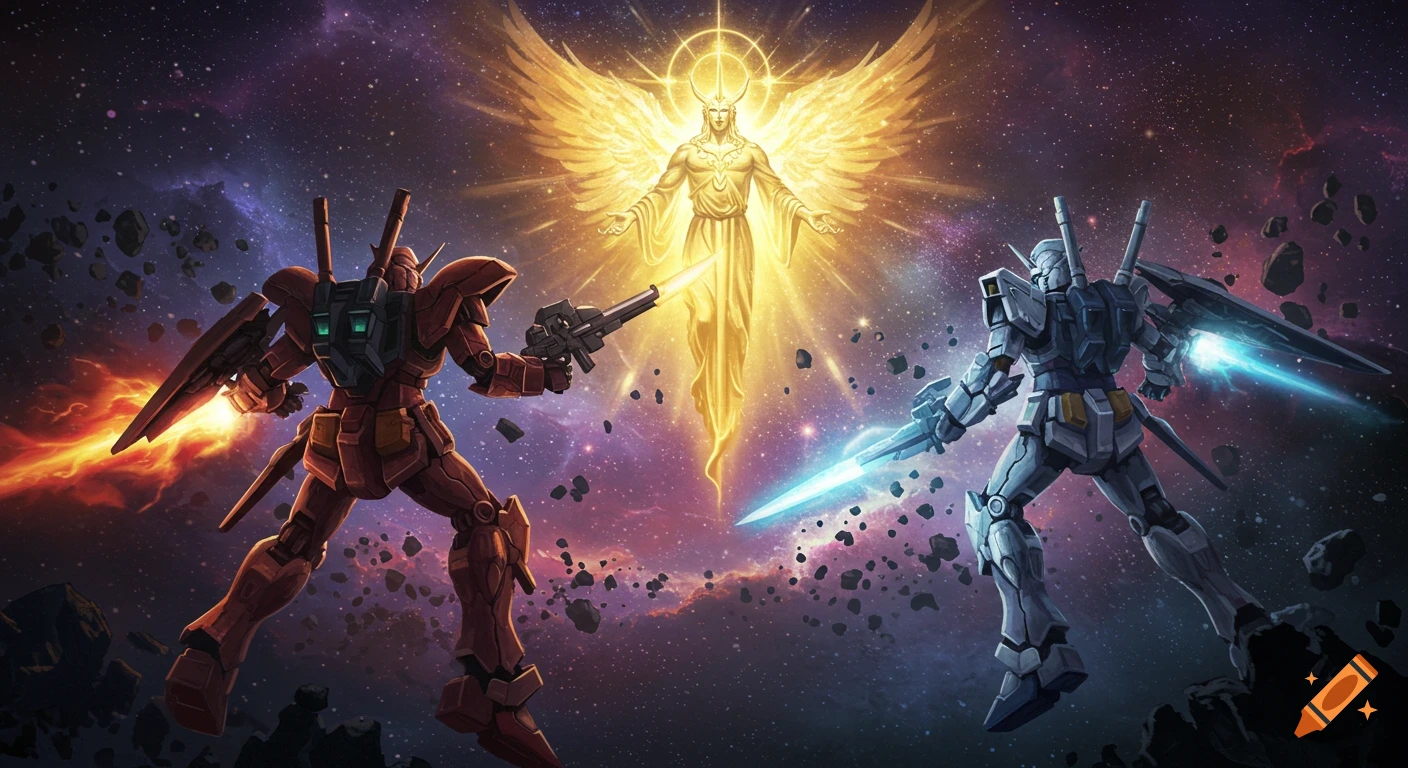A red and white Gundam-like robot confront a radiant golden angel in a dynamic space battle, digital art.