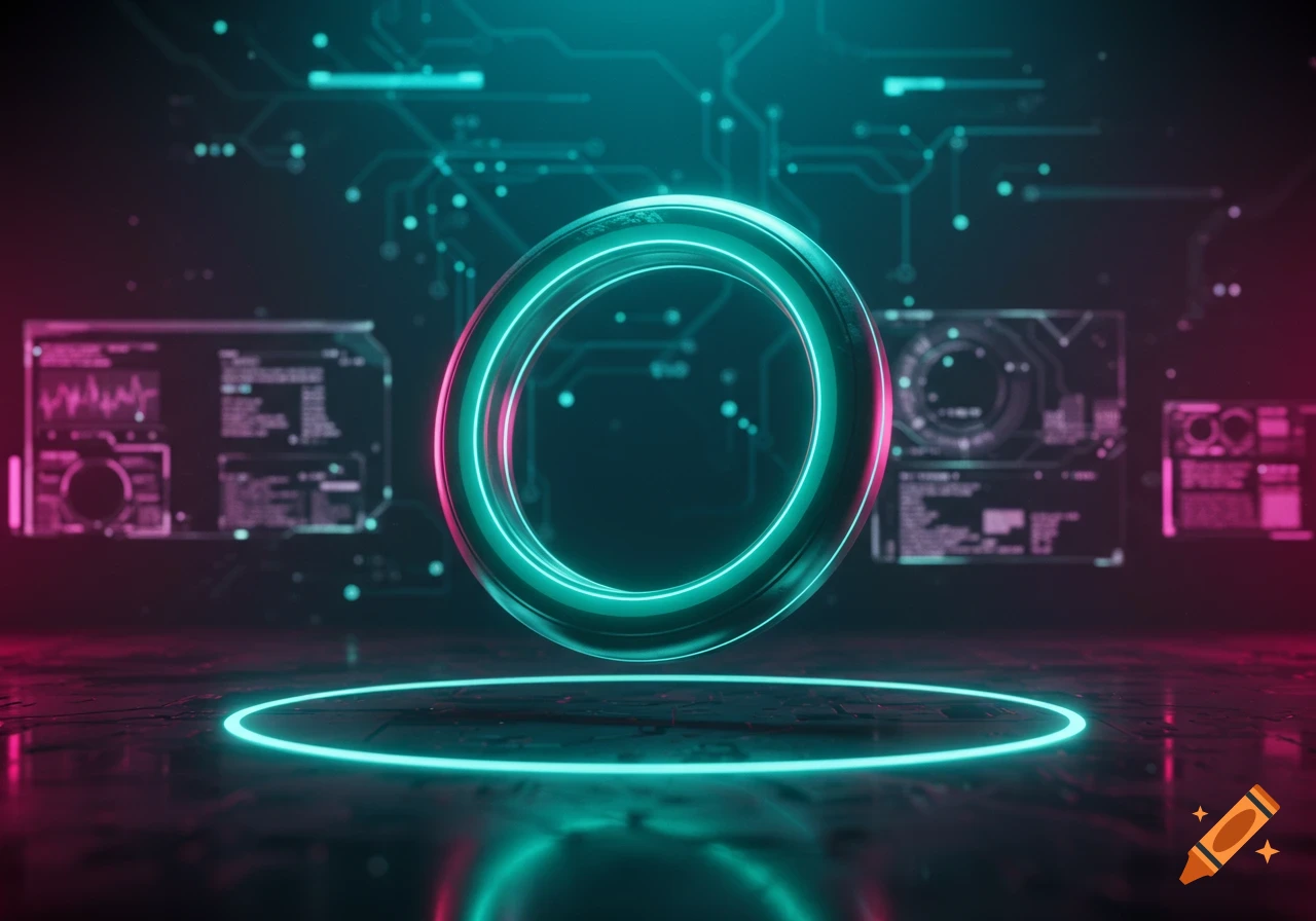 A glowing teal and magenta ring hovers over a reflective surface in a dark, futuristic setting with digital interfaces and circuit patterns.