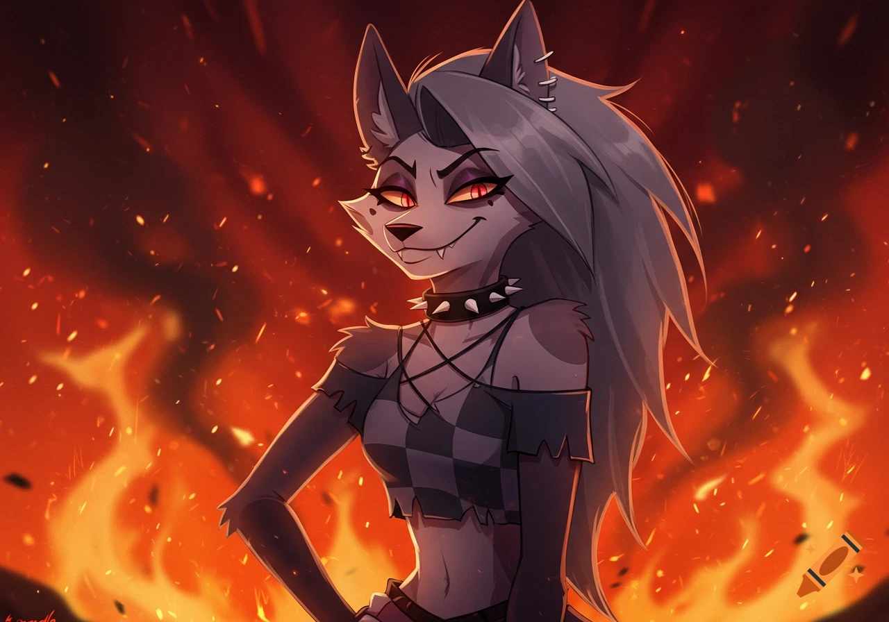 Loona, an anthropomorphic gray wolf character in a punk-rock outfit, smirks against a fiery background in an anime style.