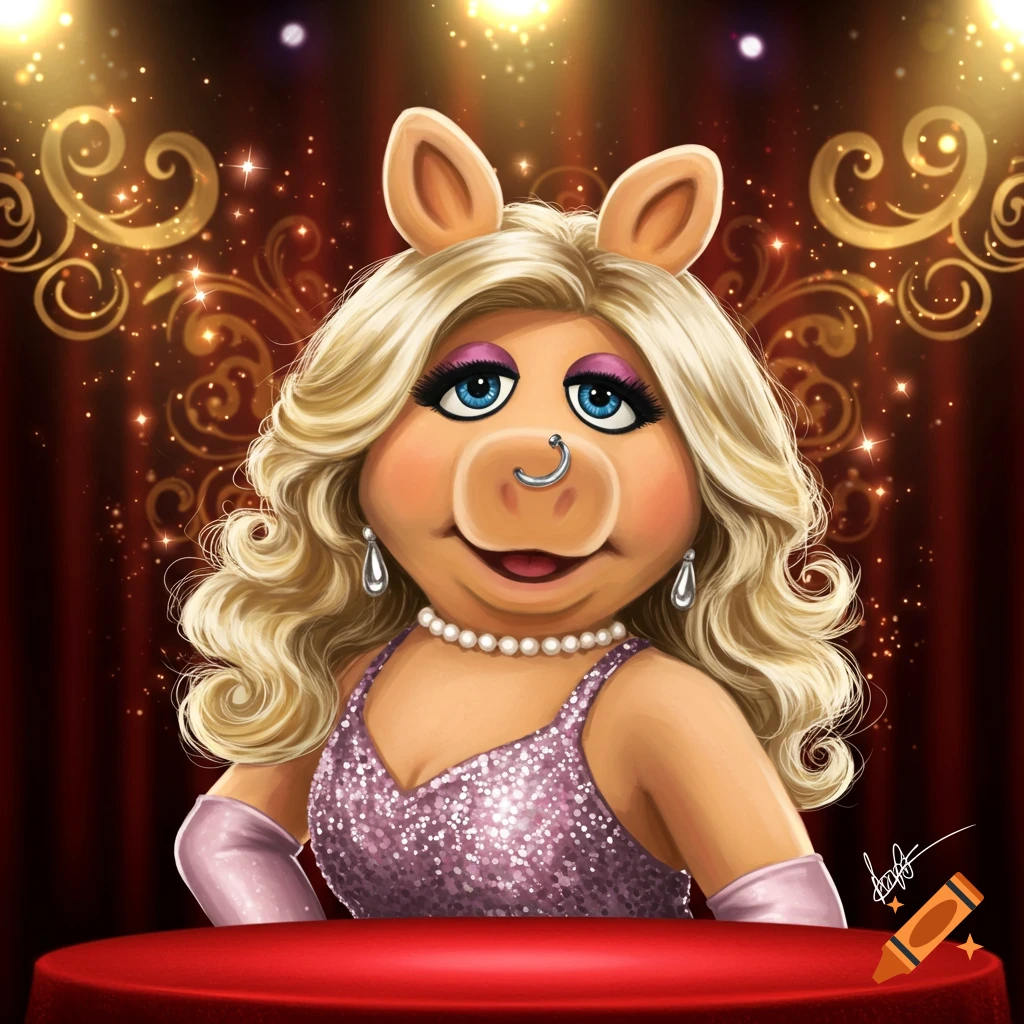 An illustration of Miss Piggy in a sparkly pink dress, pearl necklace, and nose ring, on a stage with a red curtain and spotlights.