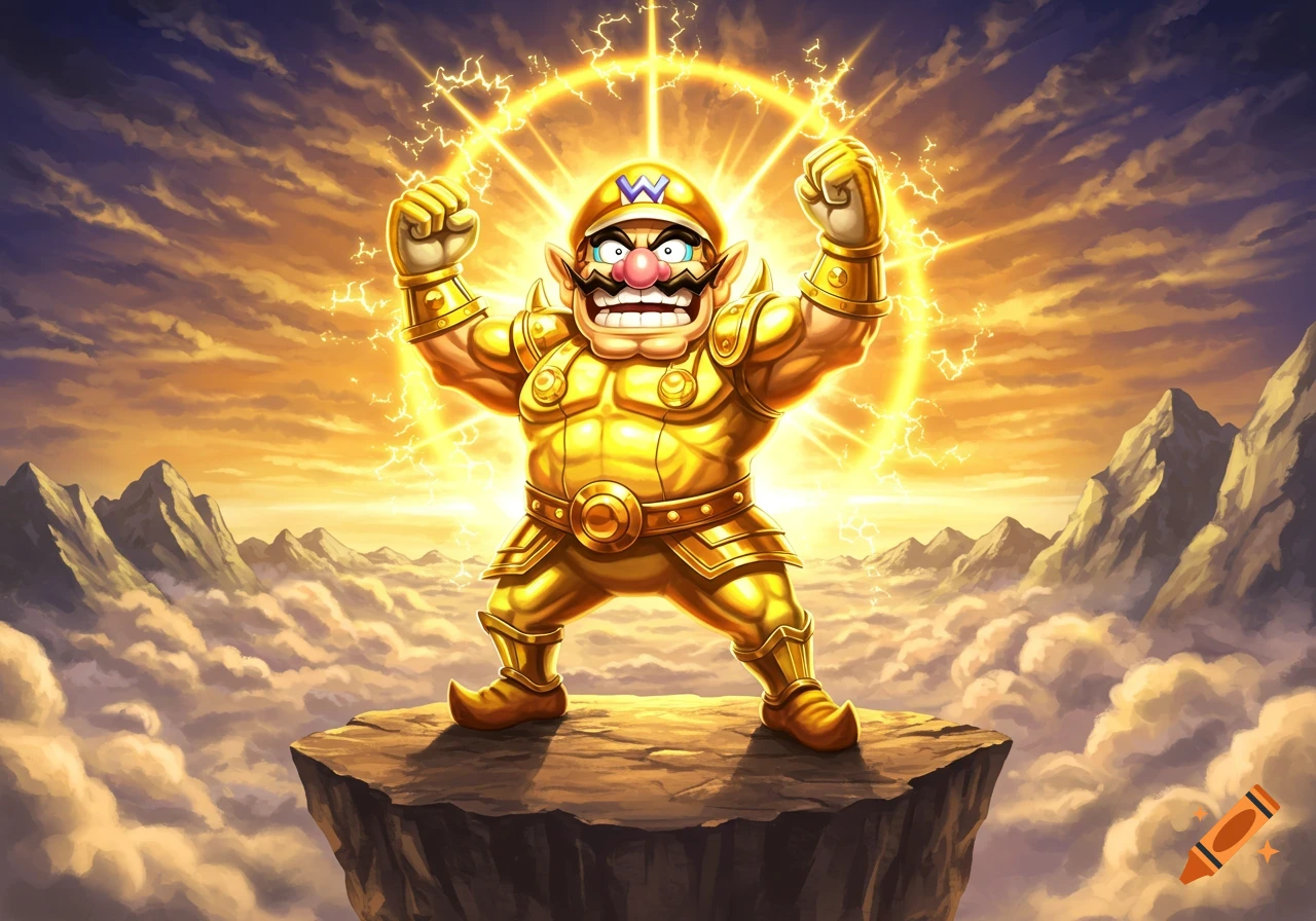 Golden Wario in super form stands on a cliff, flexing with glowing lightning, overlooking clouds and mountains at sunset, illustrative style.