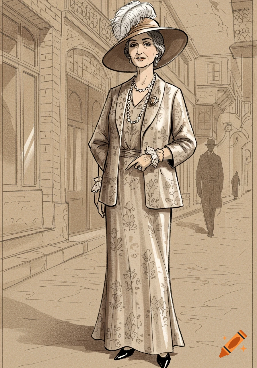Fashion sketch of an elegant lady in 1940s attire, wearing a long patterned gown, tailored jacket, feathered hat, and pearl necklace, standing on a city street.