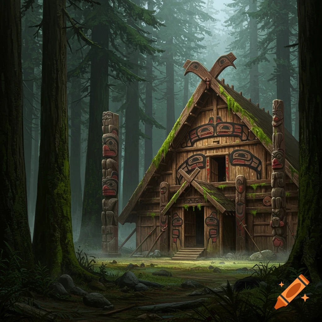 A detailed wooden Tlingit longhouse with traditional carvings stands in a misty, mossy forest of tall evergreen trees.