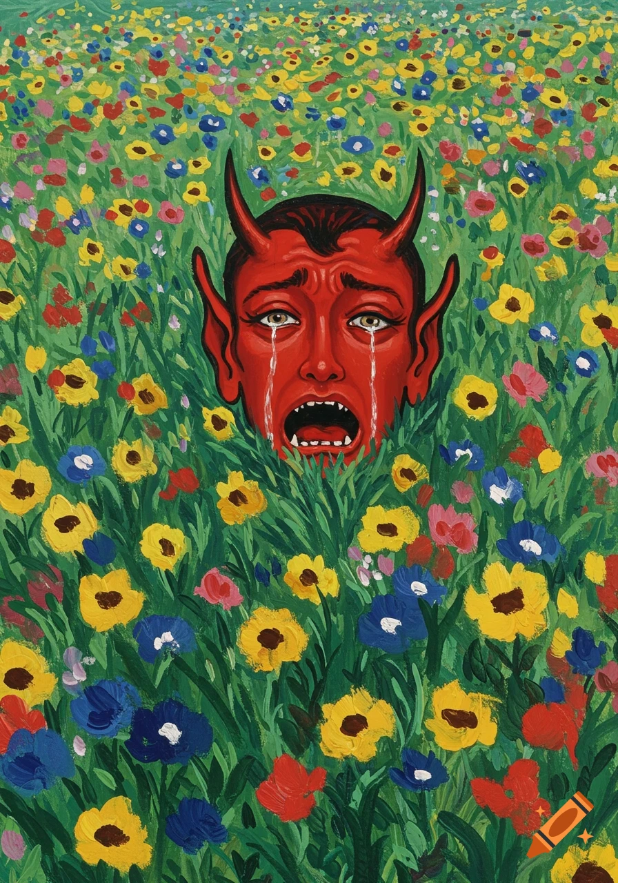 A red devil's head, screaming and crying, emerges from a vibrant field of colorful wildflowers in a painting style.