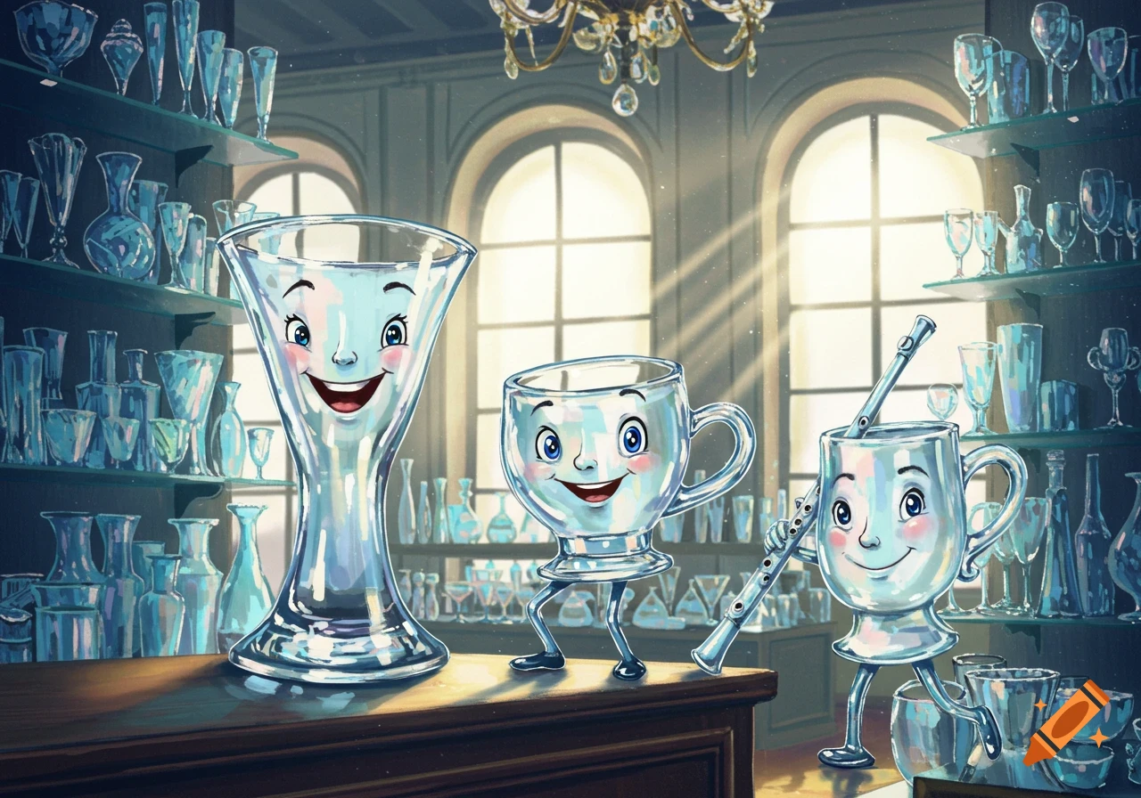 Cartoon illustration of three smiling, anthropomorphic glass vessels with arms and legs in a glass shop, one playing a flute.