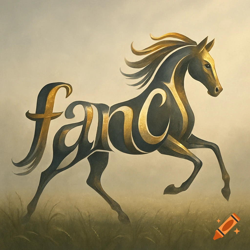 A stylized horse rendered from the golden word "fancy" on a muted, grassy background.