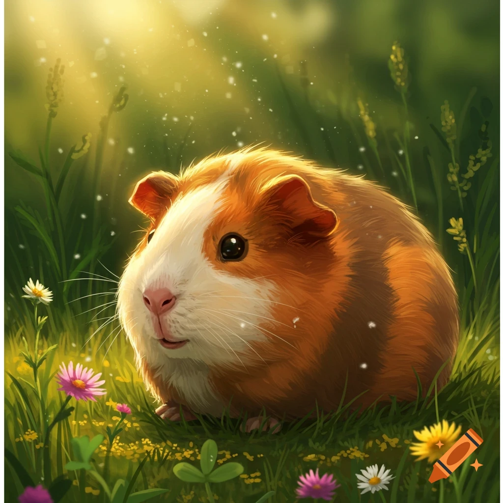 A cute brown and white guinea pig sitting in a vibrant field of green grass and colorful wildflowers under a bright, sunny sky, in an illustrative style.