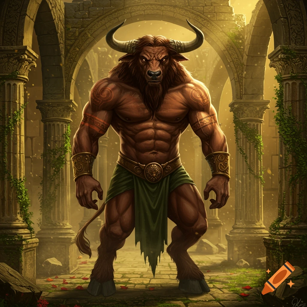 A muscular minotaur with a human-like face stands in sunlit ancient ruins with crumbling columns and green vines, in a fantasy art style.