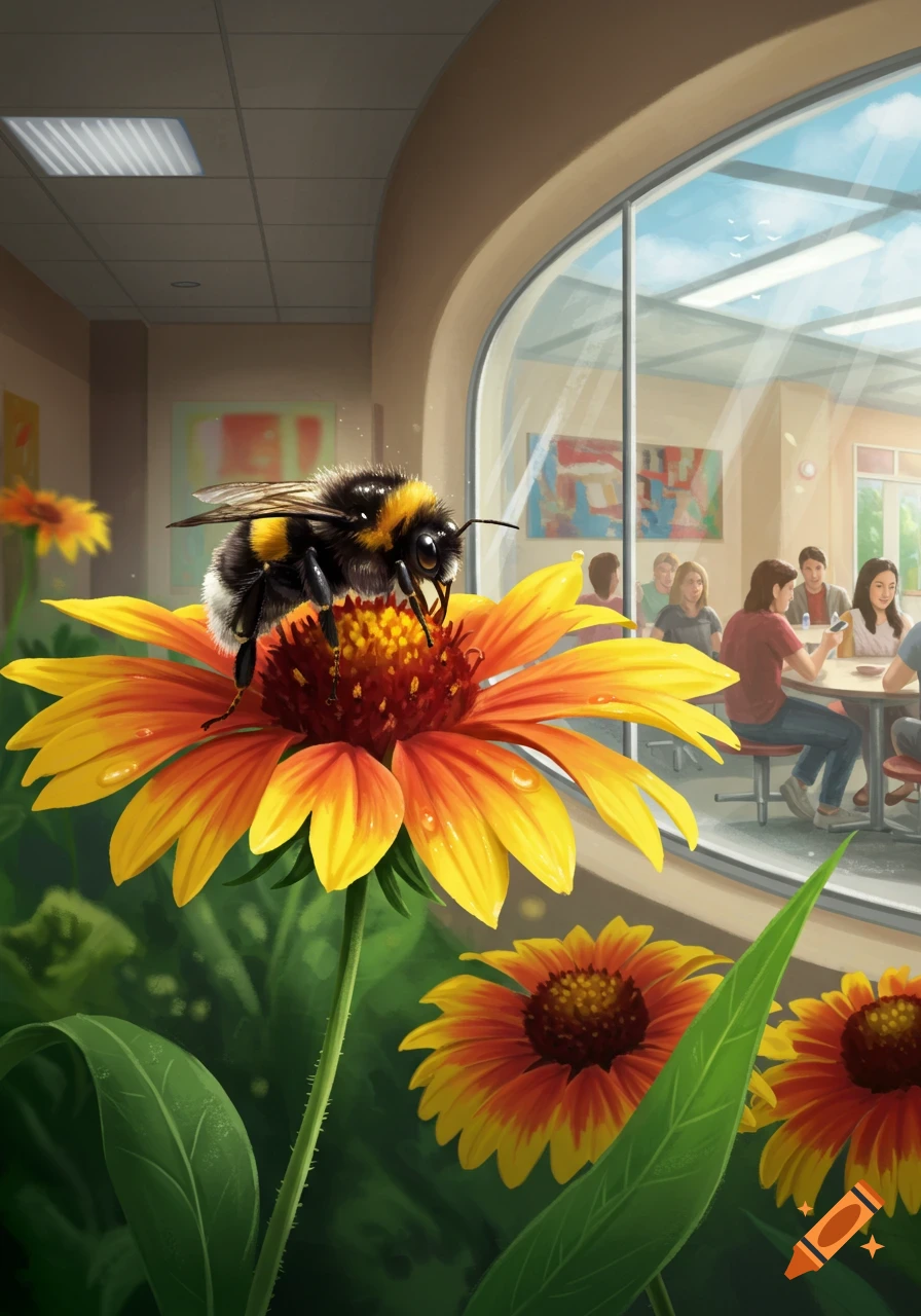 Fuzzy bumblebee on an orange and yellow flower, looking into a cafeteria with college students. Digital art.