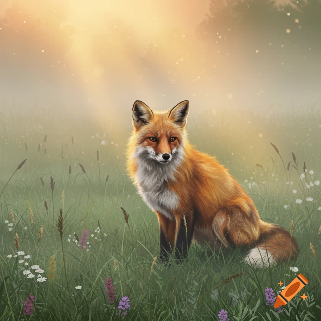A red fox with white fur on its chest sits in a field of green grass and wildflowers under a warm, glowing sky.