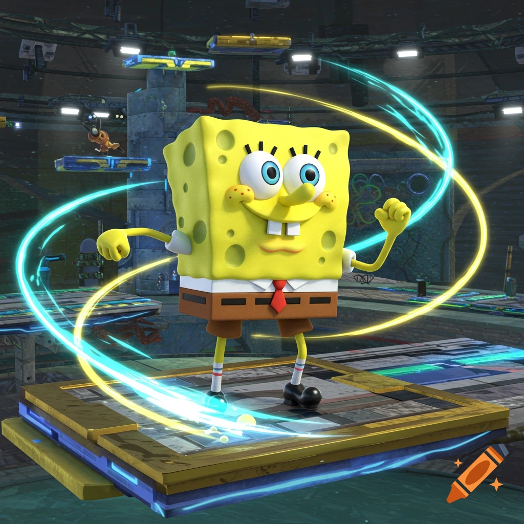 SpongeBob SquarePants stands in a dynamic pose on a glowing platform in a video game arena, surrounded by yellow and blue energy trails.