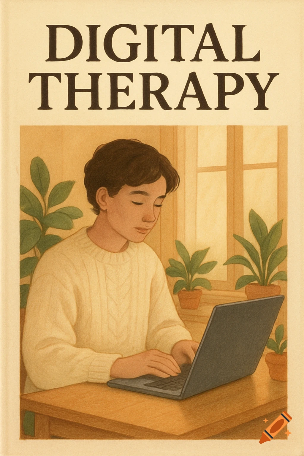 Illustration of a young person in a cream sweater typing on a laptop, surrounded by plants and a window. The title 'DIGITAL THERAPY' is at the top.
