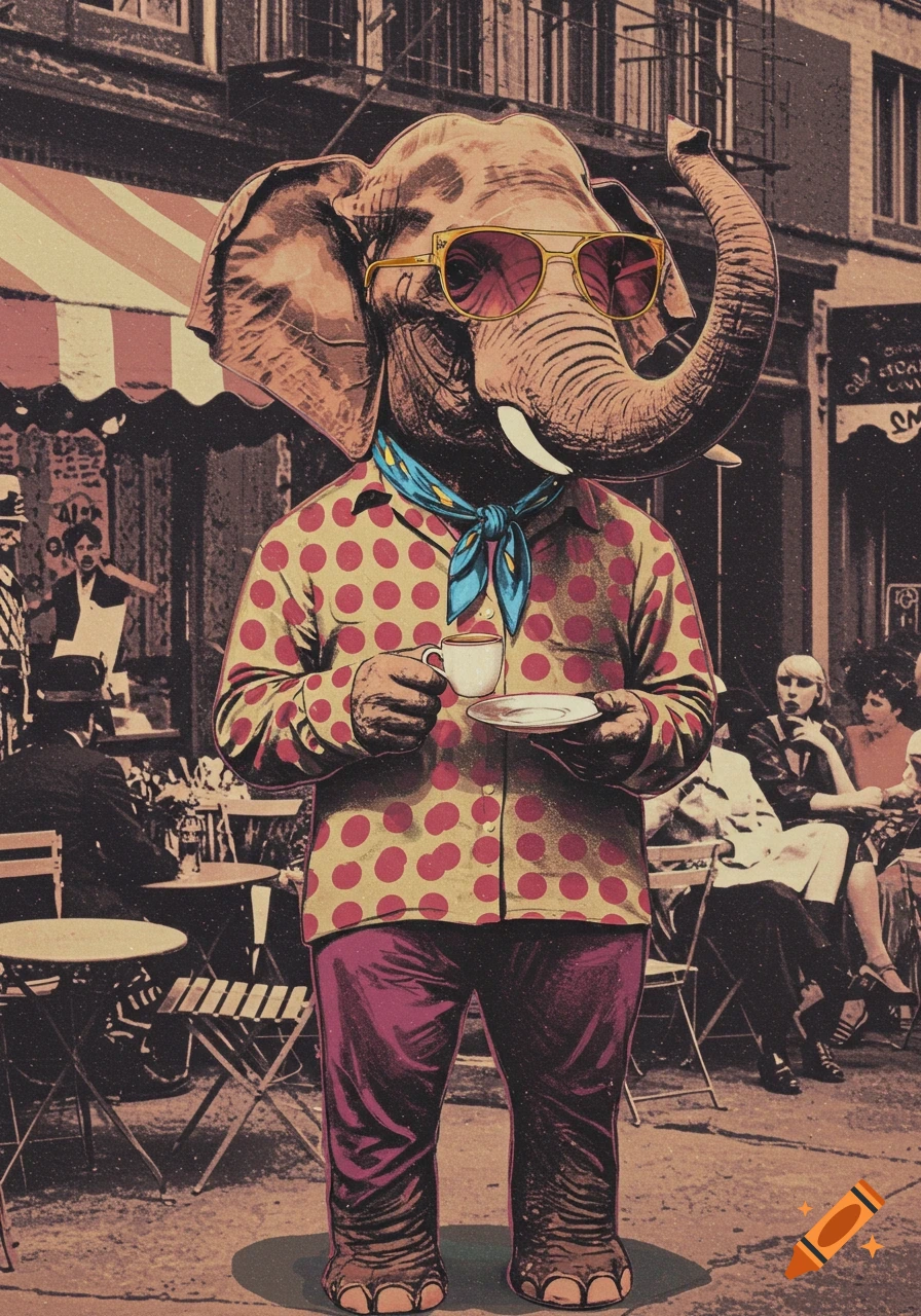 Pop art image of an anthropomorphic elephant in sunglasses and a polka-dot shirt, holding coffee in a cafe street scene.