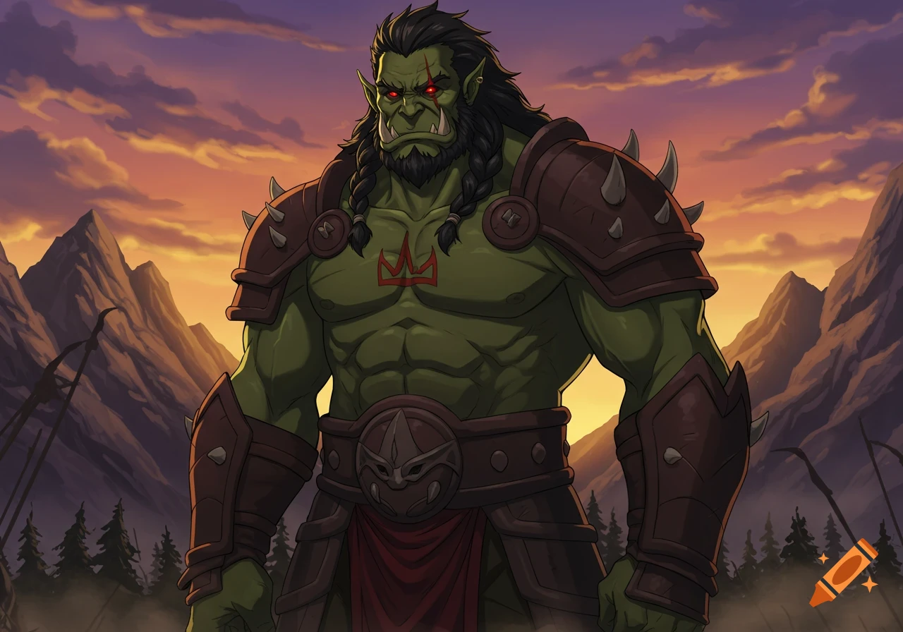 A muscular, green-skinned orc with tusks, red eyes, and a beard, wearing armor, stands in a mountain landscape under an orange sunset sky in an anime style.