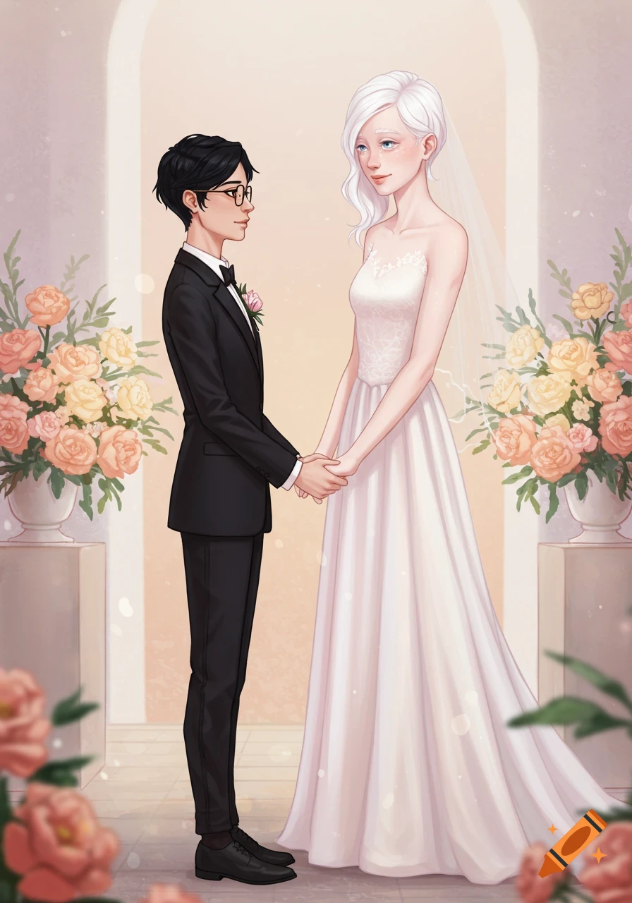 Illustrated wedding scene of two women holding hands. One wears a white gown, the other a black tuxedo, surrounded by flowers.