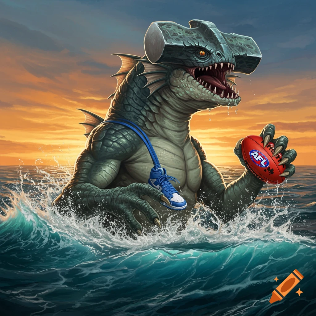 A green hammerhead sea monster rises from stormy ocean waves at sunset, holding a red AFL football and a blue Nike sneaker.