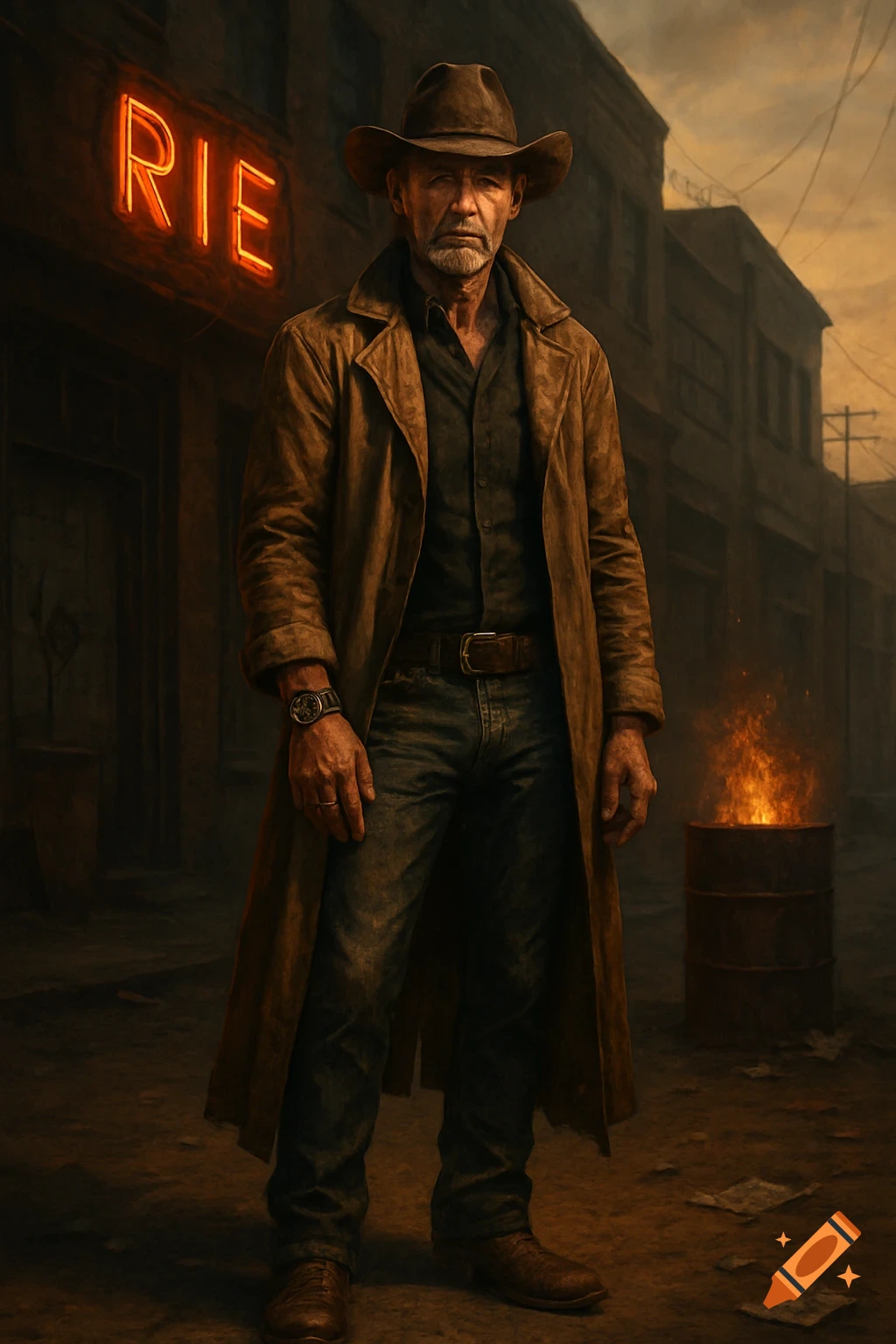 Photorealistic portrait of a grizzled cowboy in a duster coat and hat, standing on a gritty urban street with a neon sign and burning barrel.