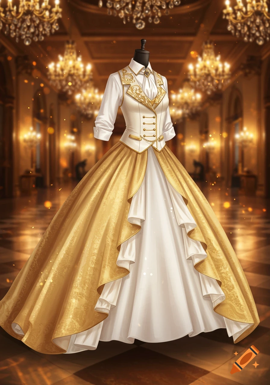 An elegant white and gold ballgown on a mannequin in a grand ballroom with sparkling chandeliers.