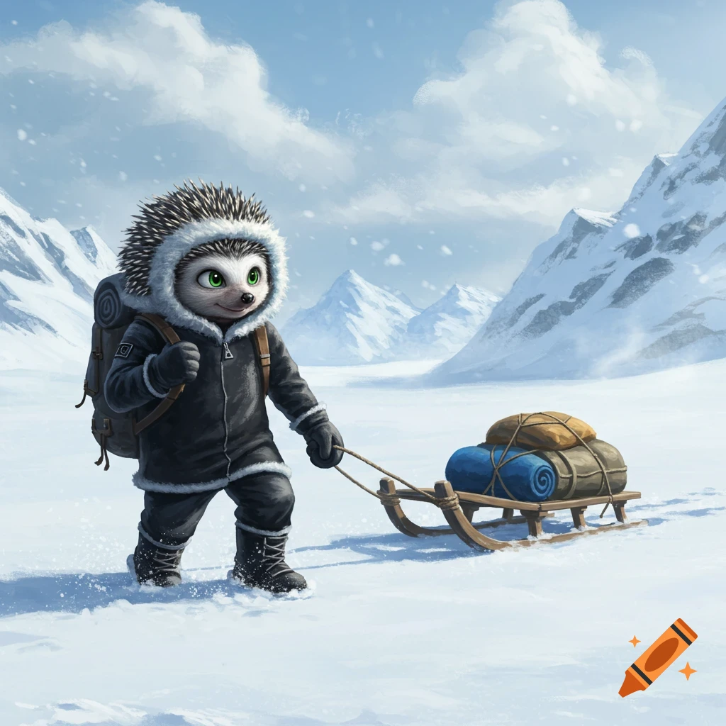 An anthropomorphic hedgehog wearing a black winter coat and backpack pulls a sled laden with gear through a snowy mountain landscape.