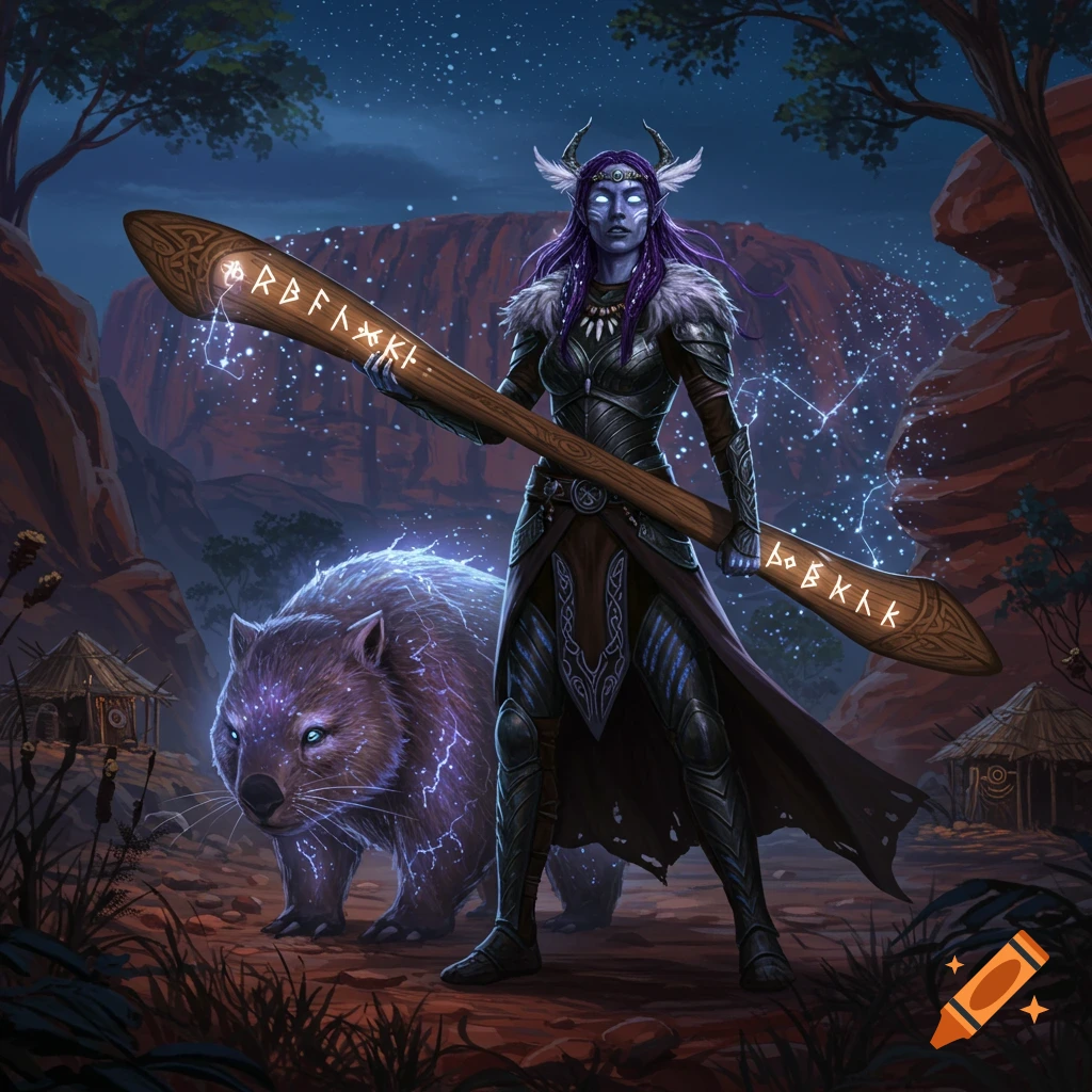 A purple-skinned warrior in black armor and glowing eyes holds a runic staff, with a glowing wombat, in a night canyon.