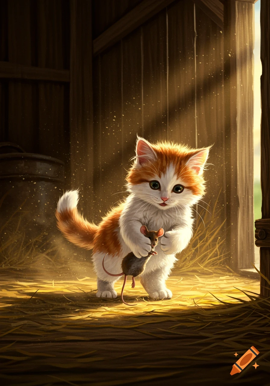 A fluffy orange and white kitten gently holding a small brown mouse in a dusty barn, bathed in sunlight.