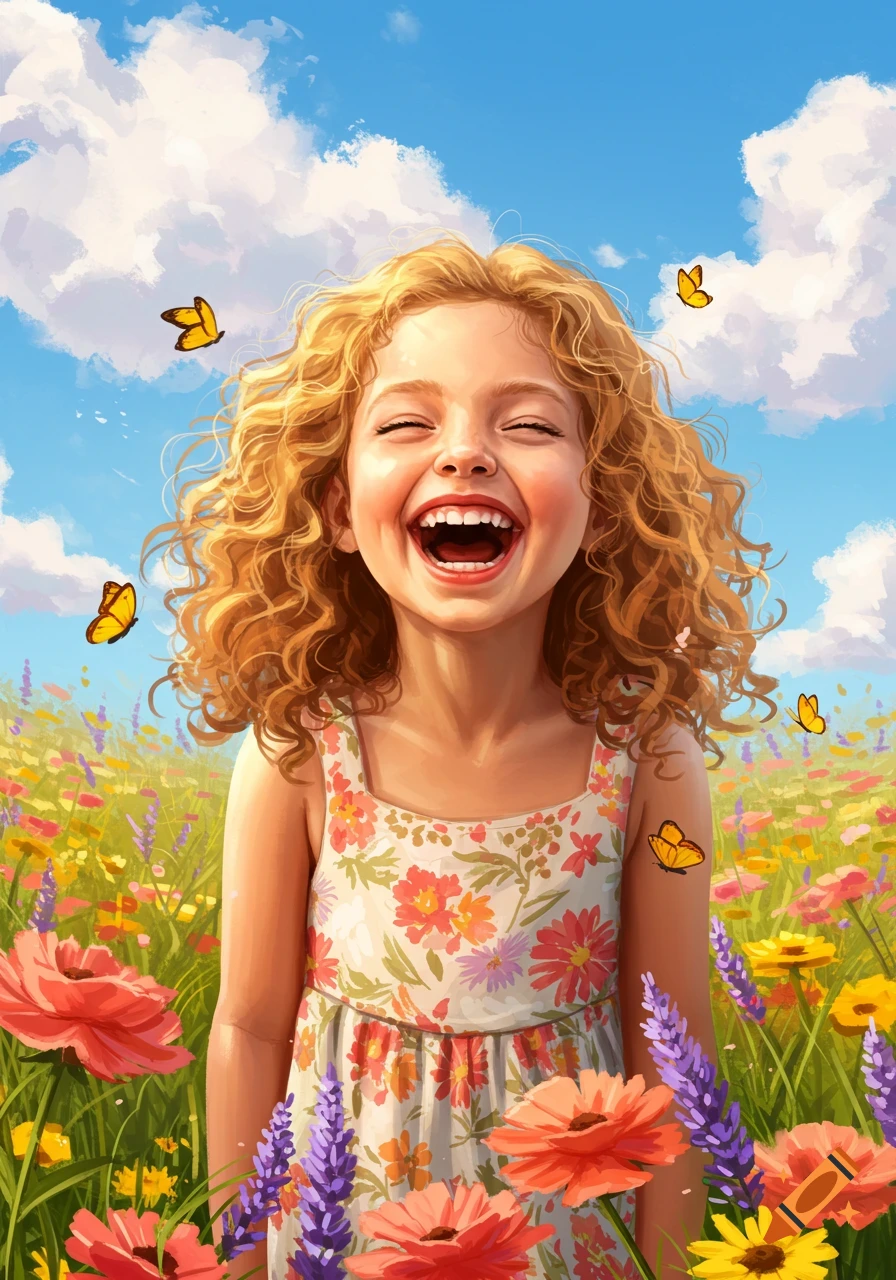 A happy little girl with curly blonde hair laughs joyfully in a vibrant flower field under a blue sky with butterflies.