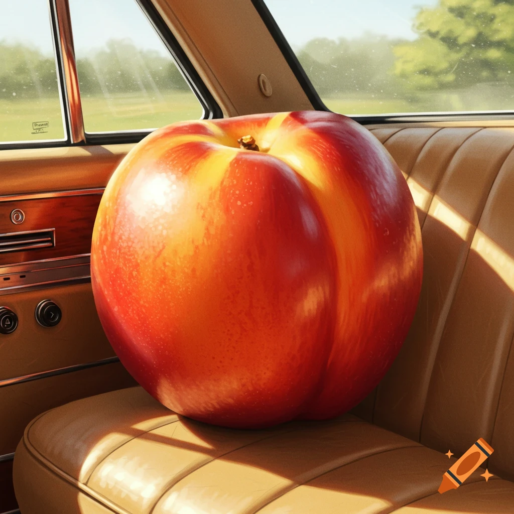 A large, photorealistic nectarine sits on the brown leather back seat of a car, illuminated by sunlight through the window.