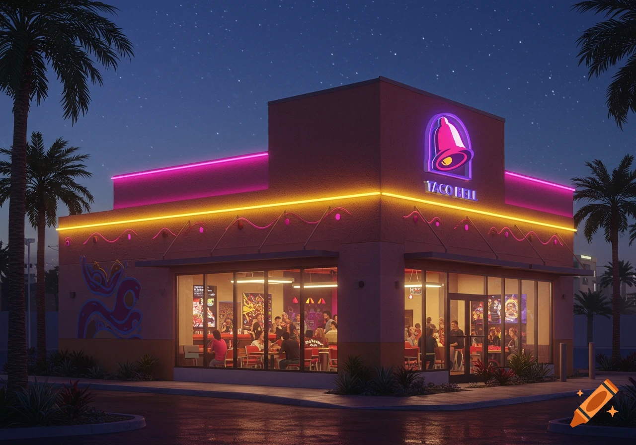 Photorealistic exterior view of a Taco Bell restaurant at night, illuminated by neon lights, with palm trees under a starry sky.