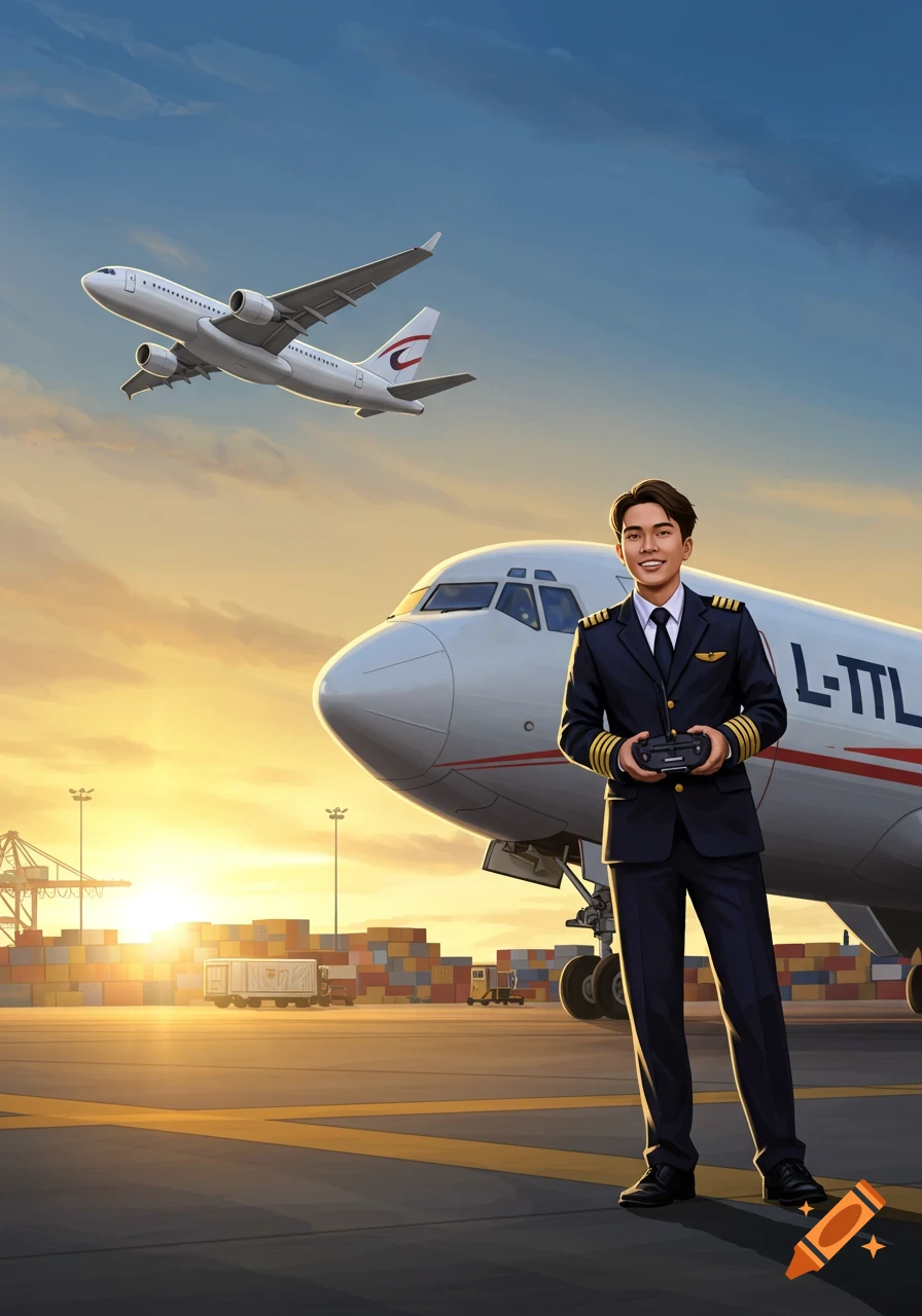 A smiling pilot in uniform stands in front of a large airplane at sunset, with another plane flying above and cargo containers.