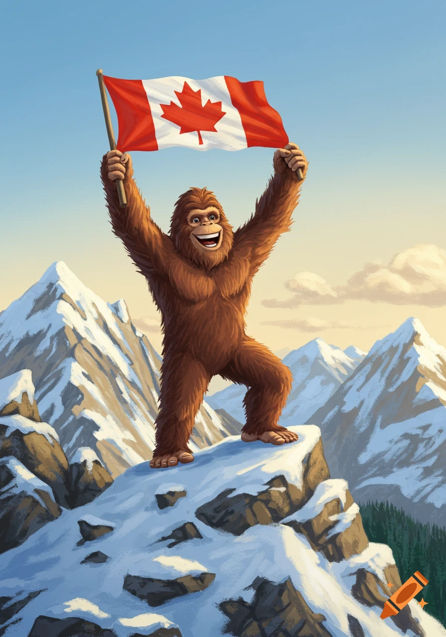 A smiling Bigfoot stands on a snowy mountain peak, triumphantly holding a Canadian flag above its head in a cartoon style.
