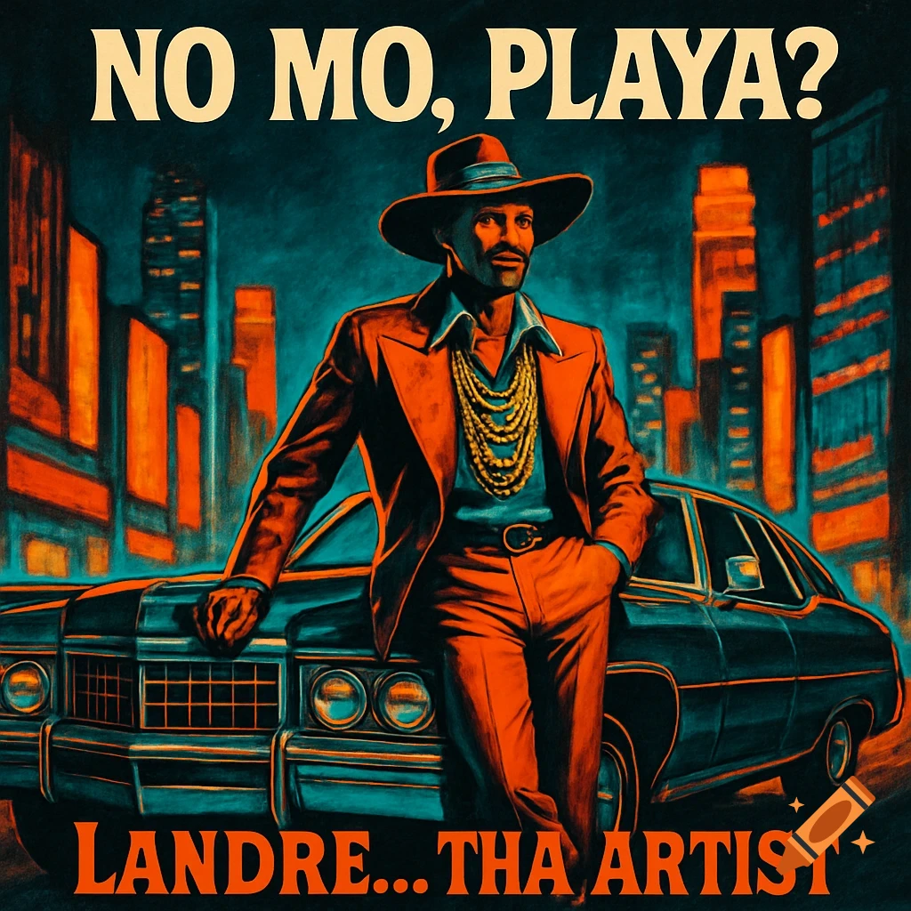 A retro 1970s style painted movie poster shows a suave man in a hat and suit with gold chains leaning on a classic car in a city. Text: 'NO MO, PLAYA?' and 'LANDRE... THA ARTIST'.
