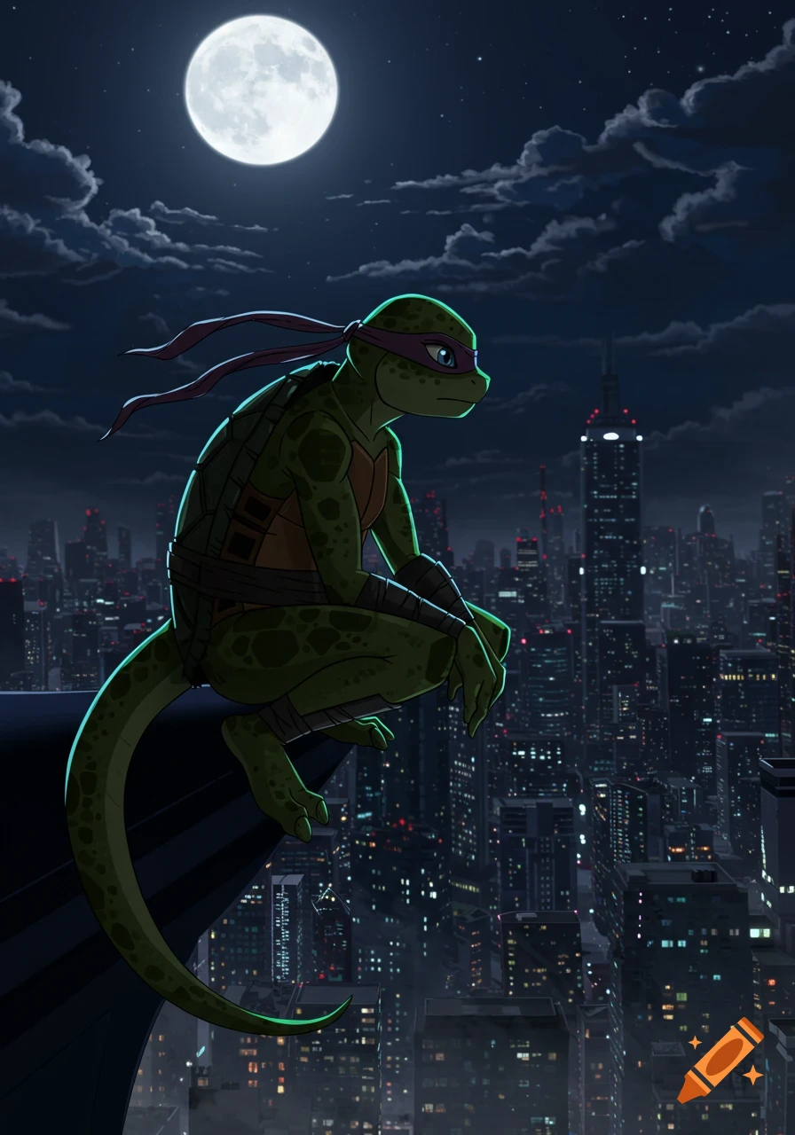 A cartoony green ninja turtle with a purple mask crouches on a city skyscraper ledge at night under a full moon, looking thoughtful.