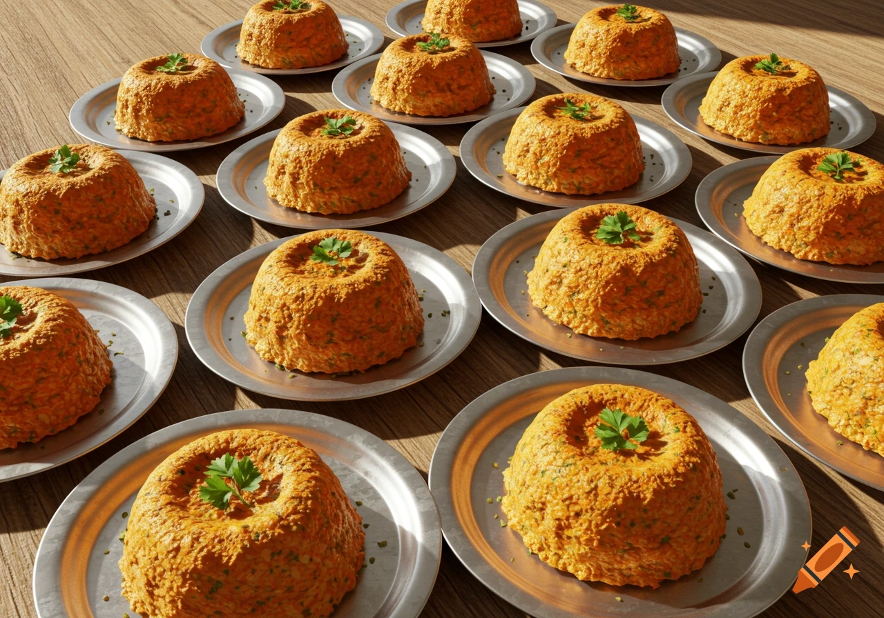 Rows of moimoi, a Nigerian steamed bean pudding, on individual aluminum plates on a wooden table, garnished with herbs.