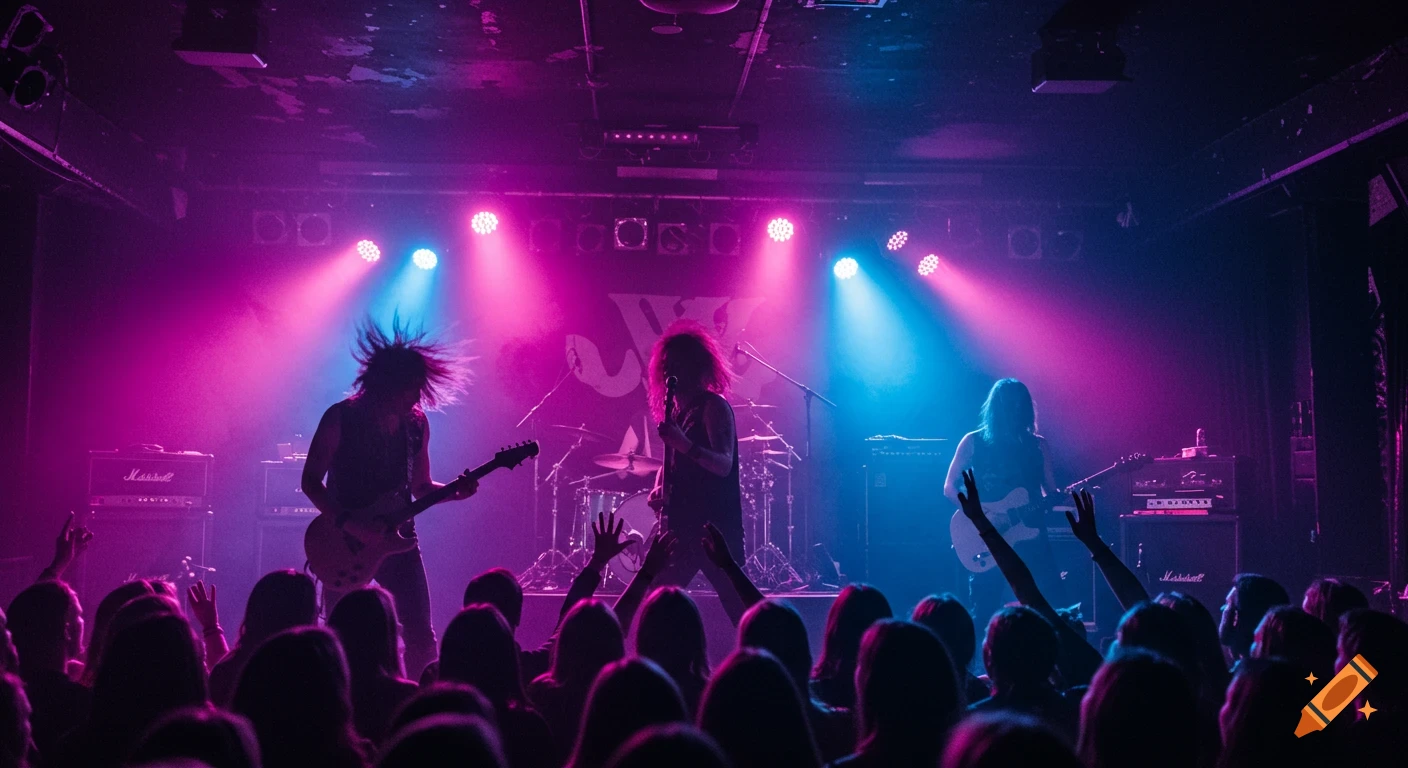 A rock band performs on stage lit with vibrant purple and blue lights to an energetic crowd, a lead singer leans forward.