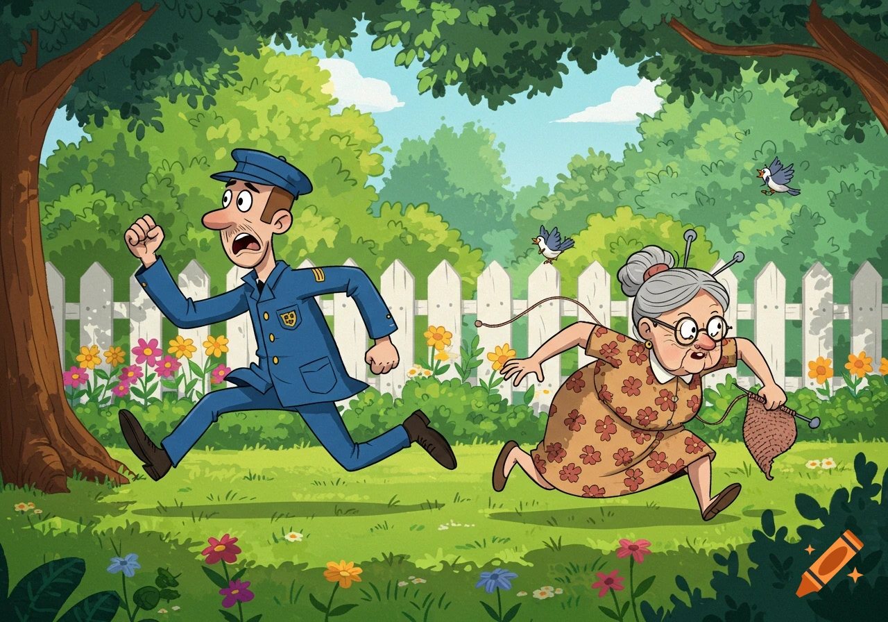 A cartoon postman runs in terror through a sunny garden, chased by an angry granny holding knitting.