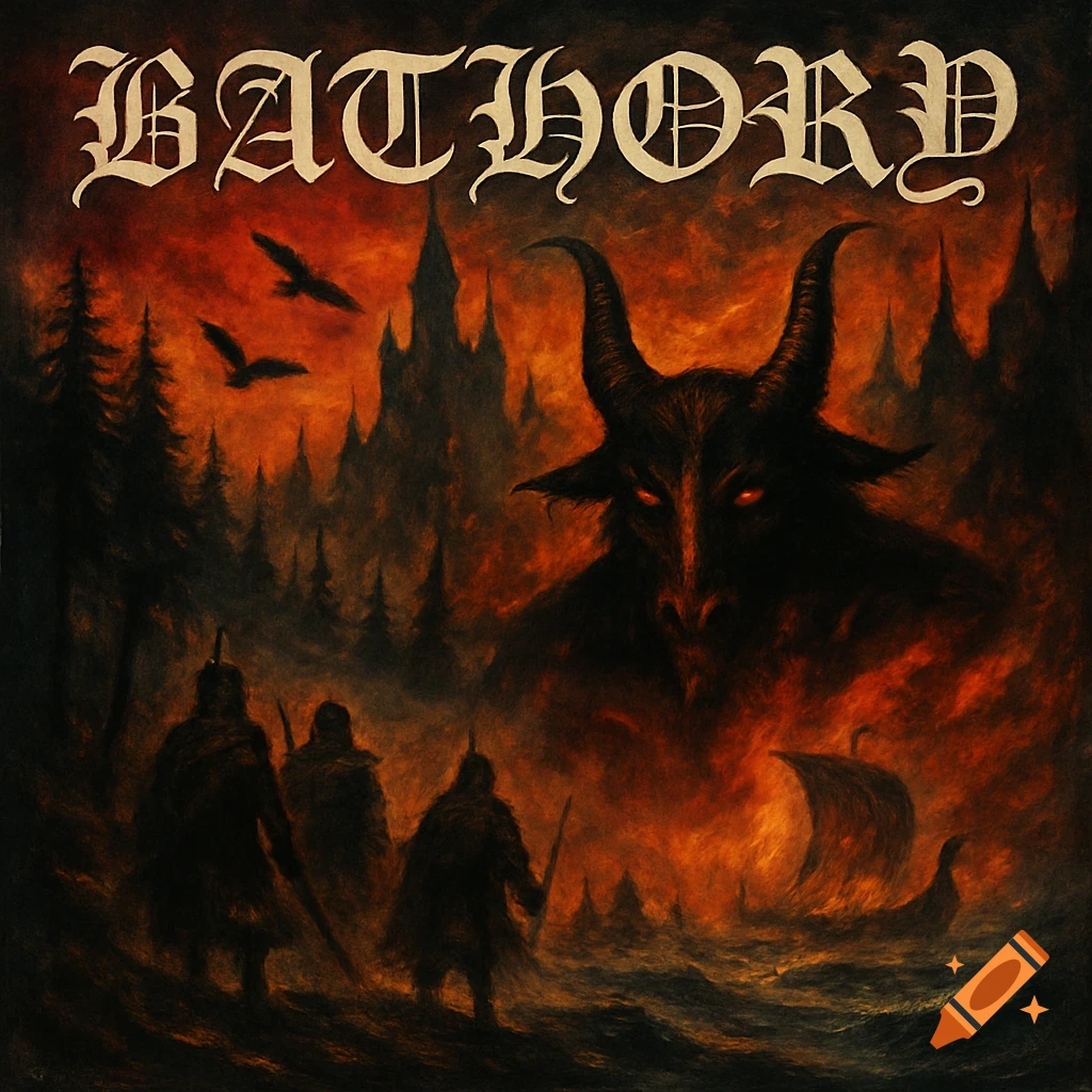 A dark fantasy album cover features 'BATHORY' text, a large horned demon, three warriors, and a longship on a fiery sea.