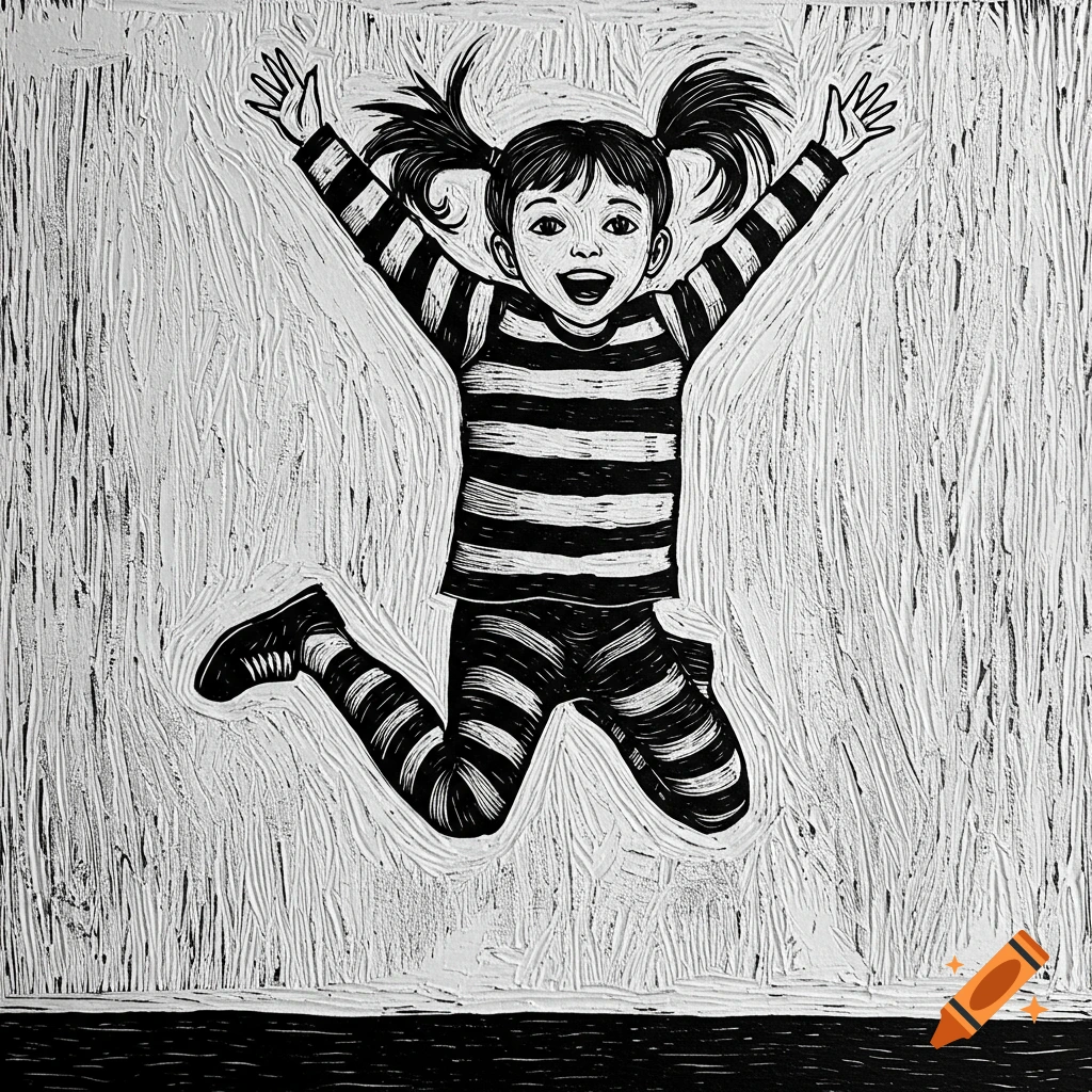 Black and white linocut illustration of a cheerful girl with pigtails and a striped outfit jumping mid-air with arms raised.