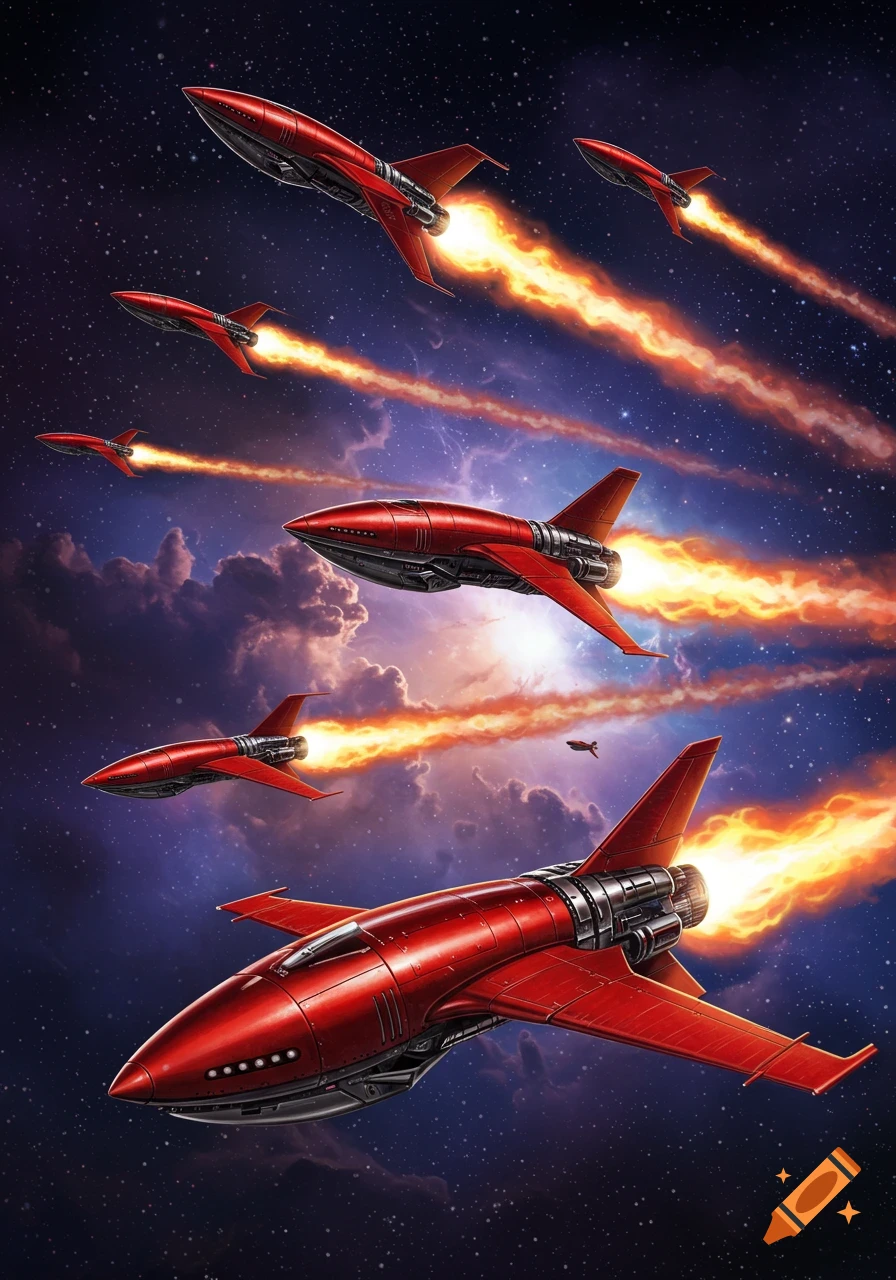 Multiple red rockets with fiery exhausts fly through a starry, cloudy space sky.