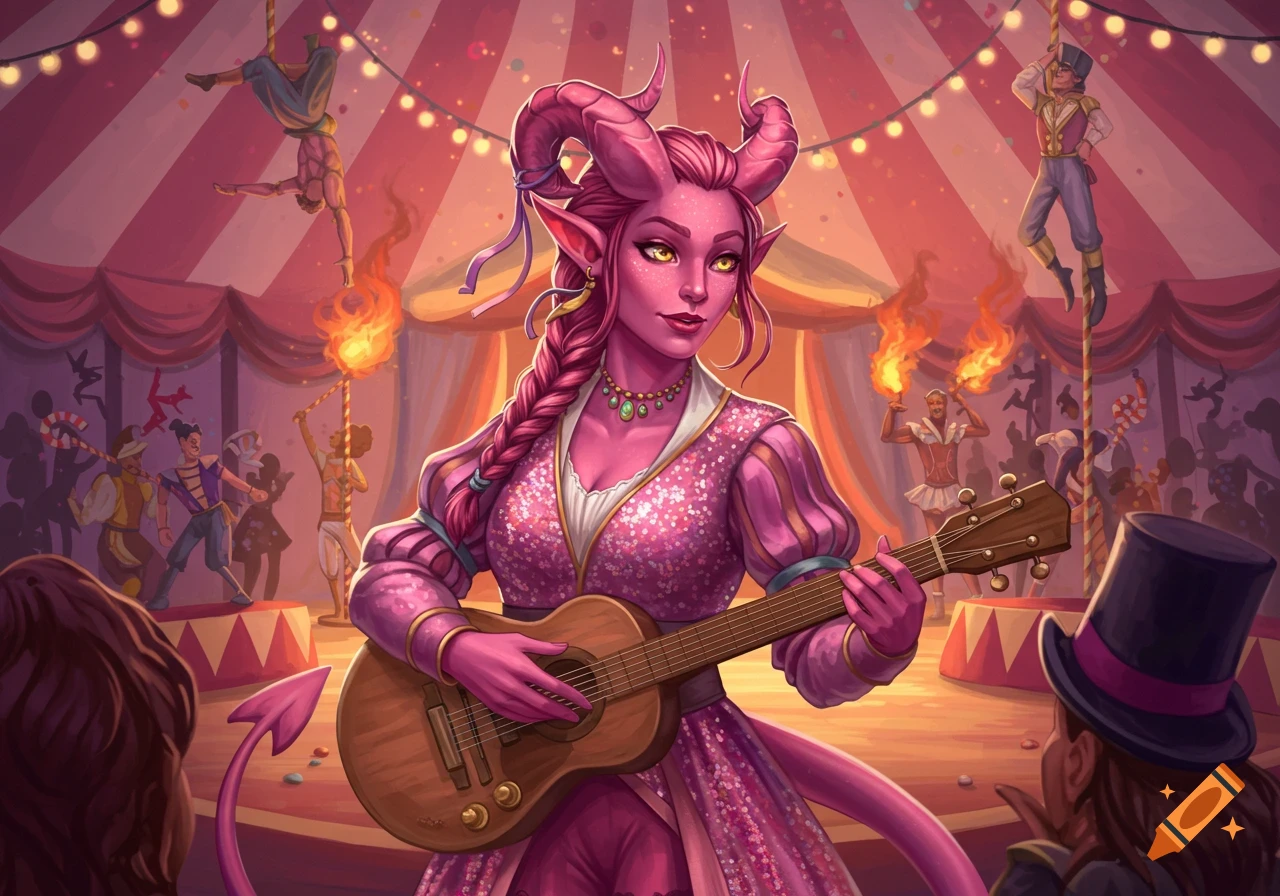 A pink-skinned tiefling bard with horns, braided pink hair, and yellow eyes plays a guitar in a sparkly pink dress inside a vibrant circus tent.