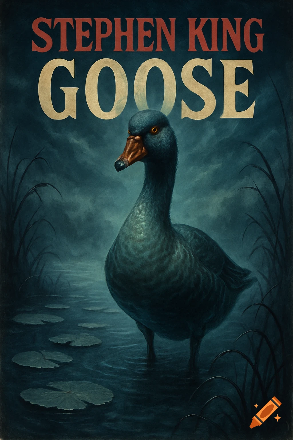Illustrated dark book cover for 'Stephen King Goose' featuring a menacing grey goose standing in a misty lily pond at night.