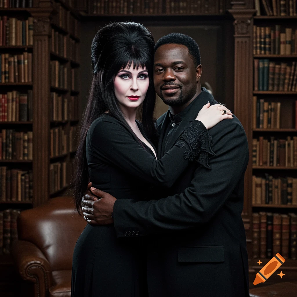Photorealistic portrait of a woman resembling Elvira, in a black dress, embracing a man in a dark suit, set in a library.