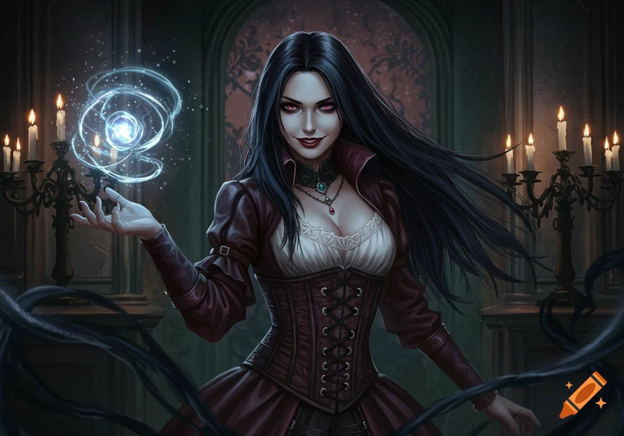 A dark-haired sorceress with red eyes and an evil smile casts a blue magic spell from her hand in a dimly lit, candlelit gothic room.