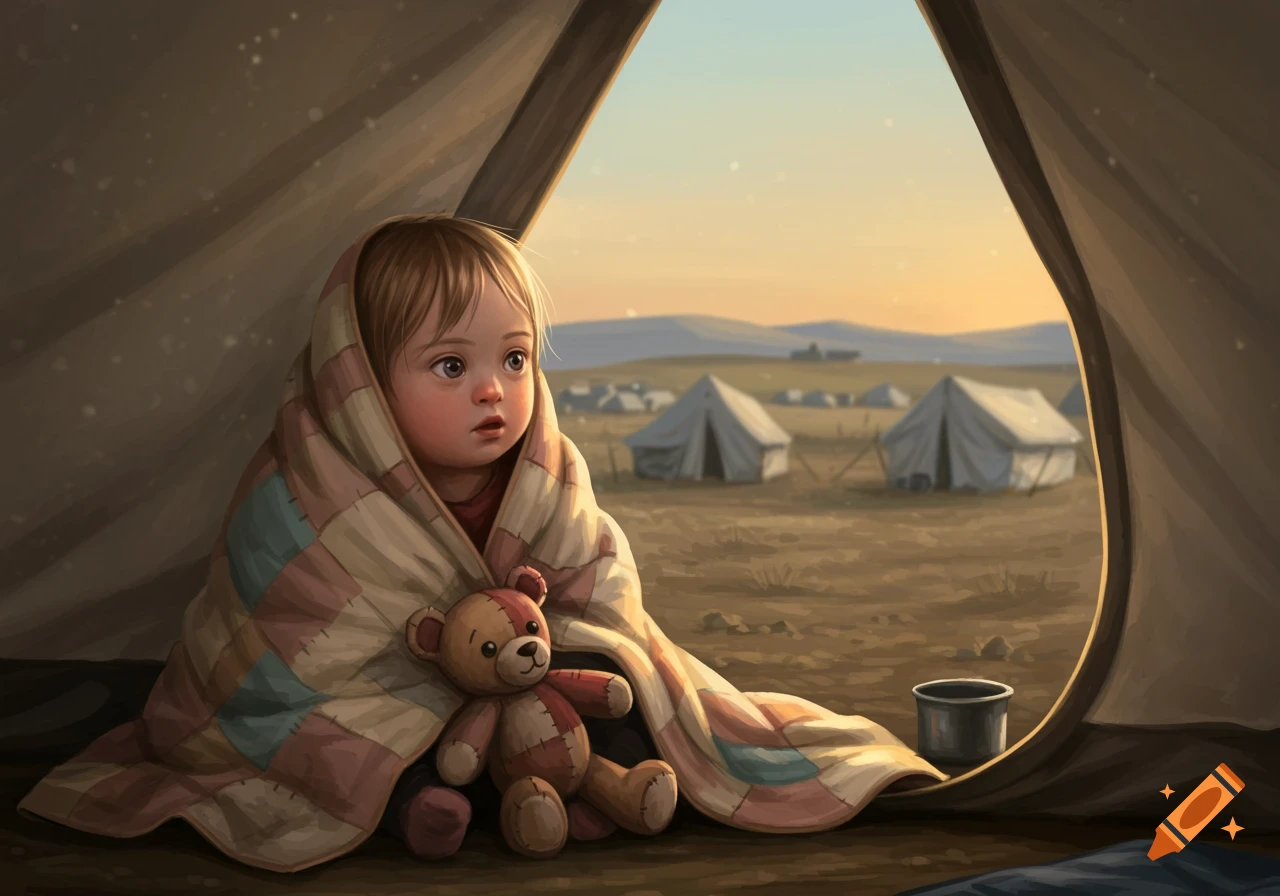 An illustration of a young child wrapped in a quilt, holding a teddy bear, looking out of a tent at a refugee camp at sunset.