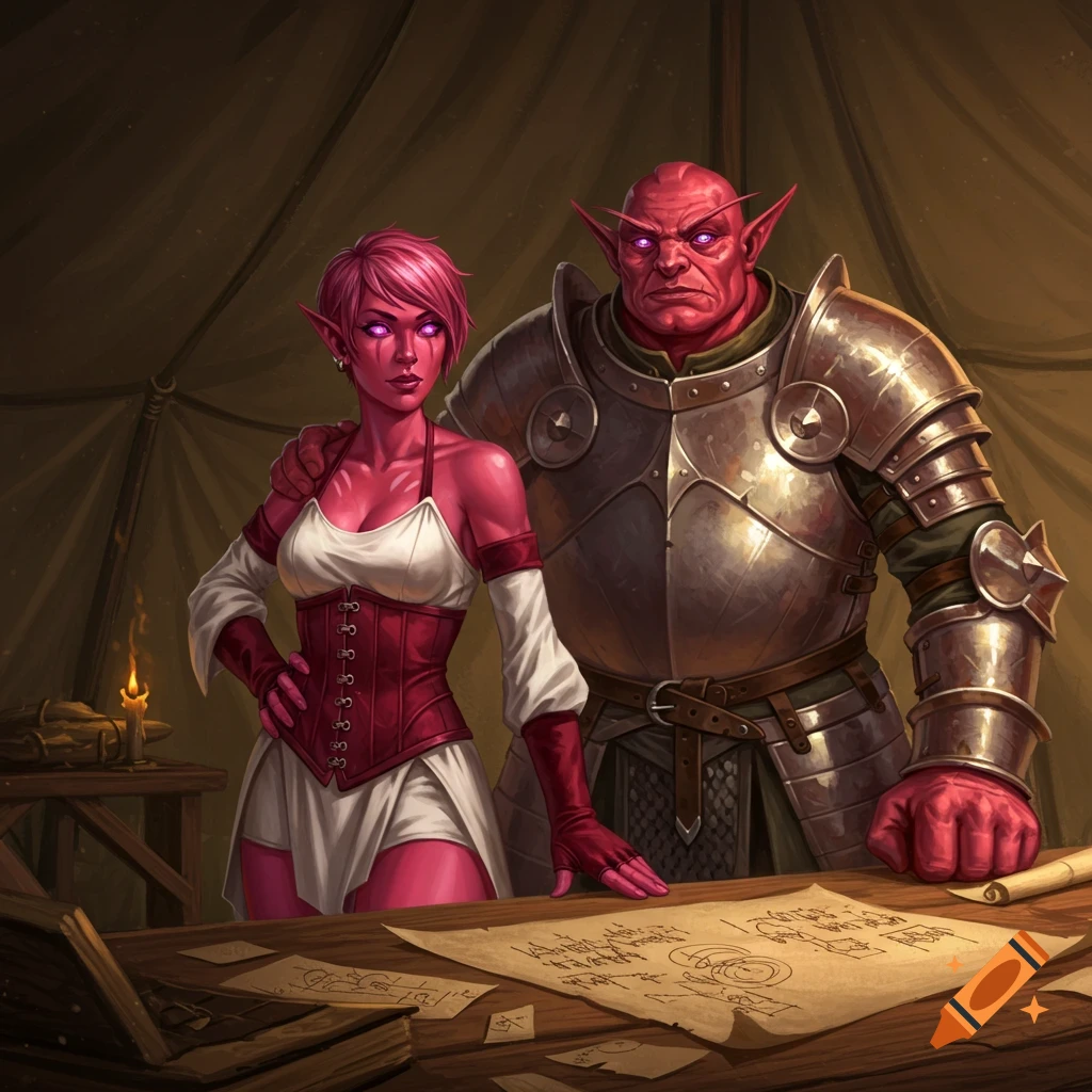 An armored male and a corseted female elf, both with red-pink skin and glowing pink eyes, stand in a tent with war plans on a table.