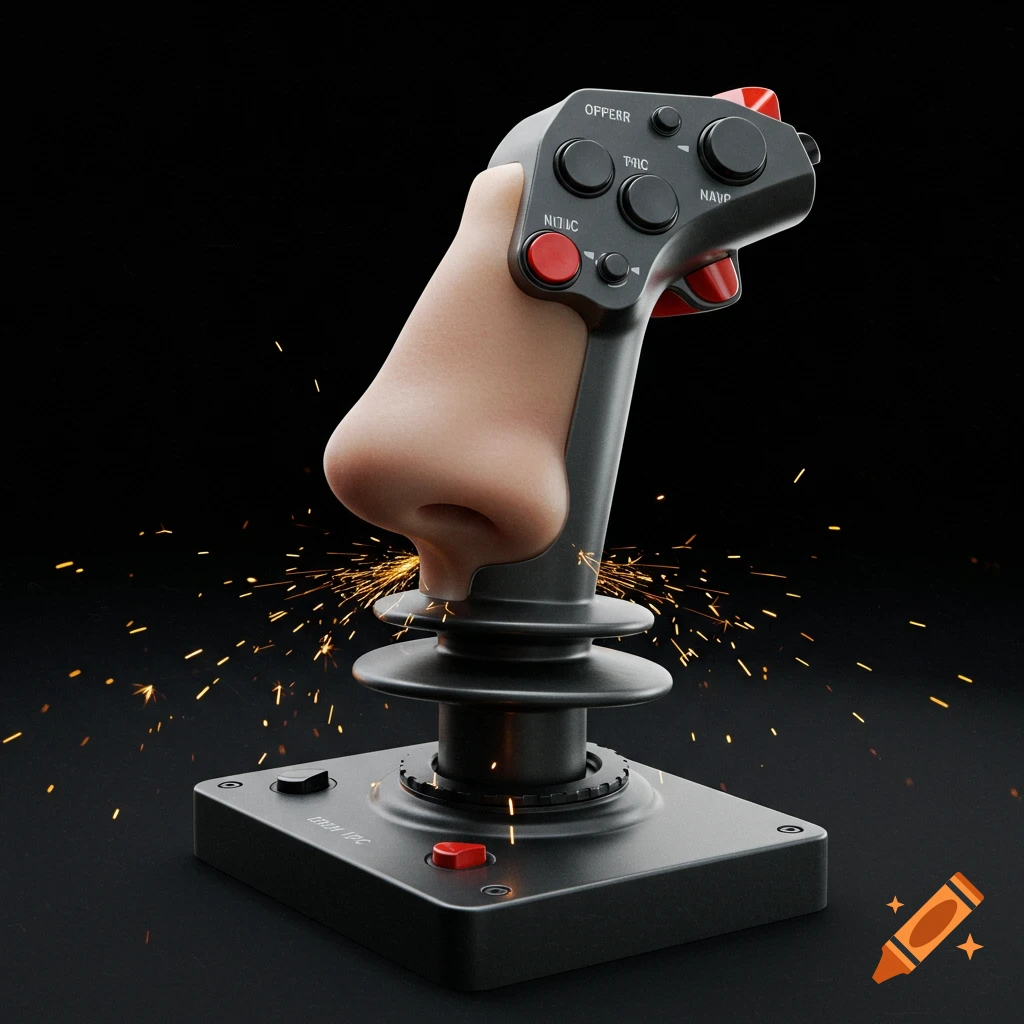 Photorealistic image of a joystick with a human nose for a grip, emitting sparks from its base on a black background.