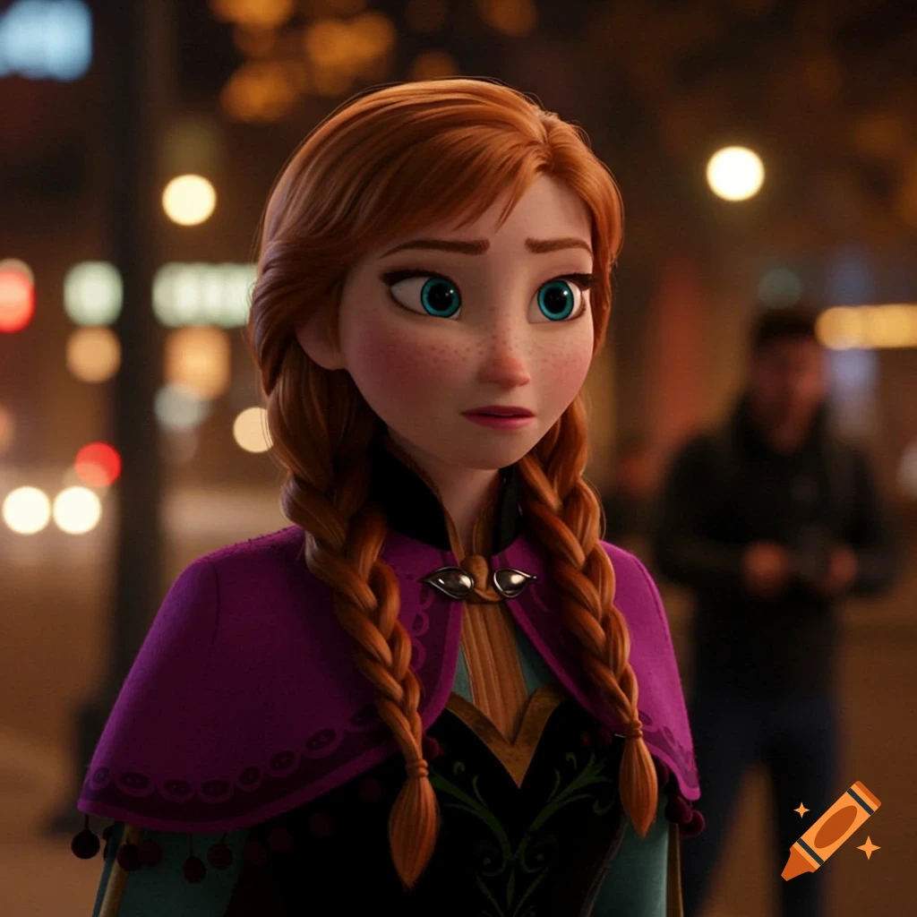 Anna from Frozen with braided red hair and blue eyes, wearing a purple cape, standing in a blurred cityscape at night.