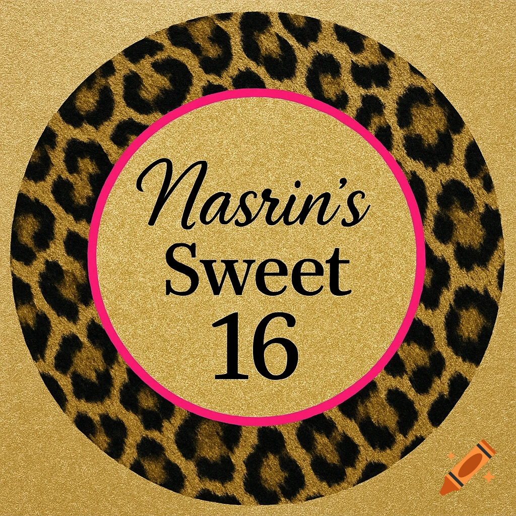 A circular graphic design with a gold and black leopard print border, a hot pink ring, and a gold center with black text "Nasrin's Sweet 16".